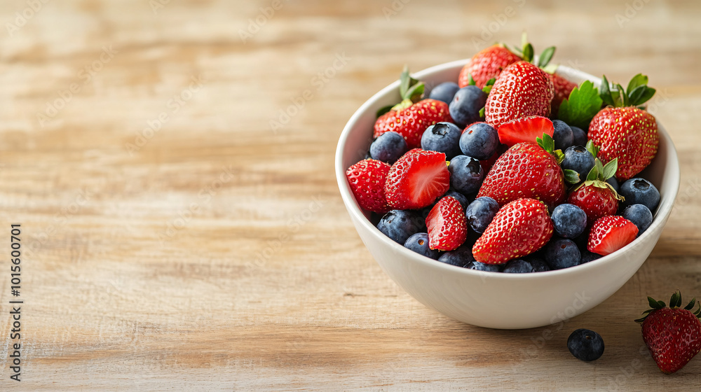 fresh strawberries and blueberries in a white bowl on a wooden tabletop