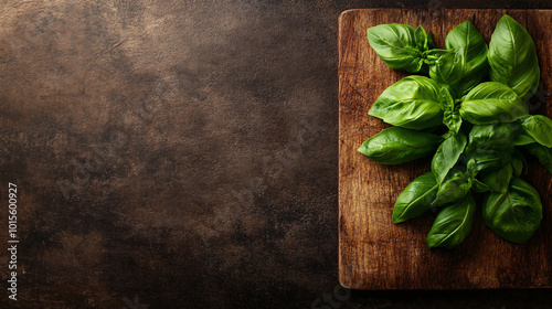 fresh green basil leaves on rustic wooden cutting board, top view, flat lay, food photography background