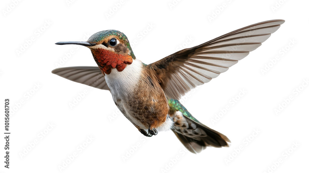 Fototapeta premium vibrant hummingbird in mid flight, showcasing its iridescent feathers and delicate wings. This stunning bird captures essence of natures beauty and grace