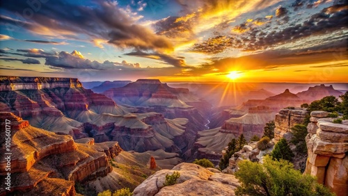 Grand Canyon landscape at sunrise with rocky formations