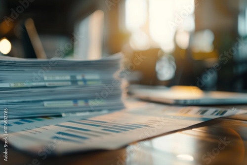 Collection of business analytics charts and graphs stacked on each other on paper on desk in office