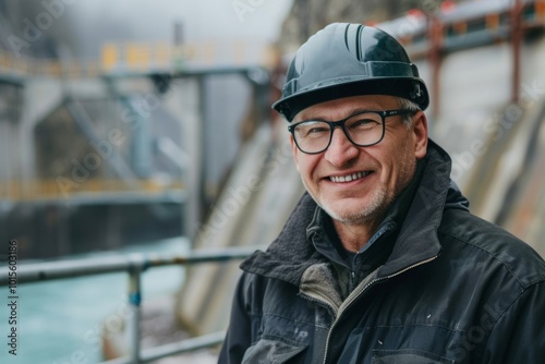 Portrait of a smiling middle aged male engineer at hydroelectric plant