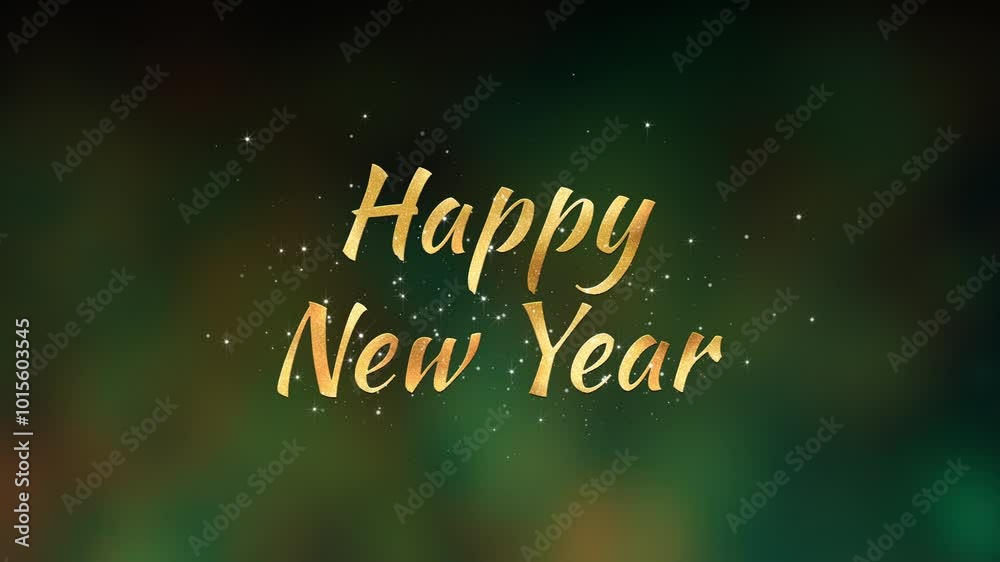 Festive Happy New Year gold greeting text, animated on vibrant green background, adorned with sparkling fireworks and shimmering glitter, celebrating new beginnings. Copy space. Festive Happy New Year gold greeting text, animated on vibrant green background, adorned with sparkling fireworks and shimmering glitter, celebrating new beginnings. Copy space.