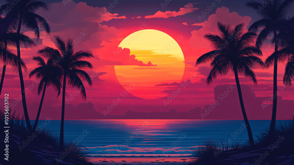 A picturesque sunset over the ocean with silhouettes of palm trees lining the beach. A picturesque sunset over the ocean with silhouettes of palm trees lining the beach.