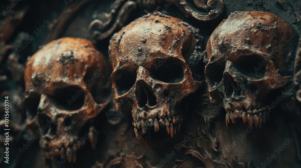 A close-up view of intricately carved skulls with a dark, rustic finish, showcasing unique textures and shadows. A close-up view of intricately carved skulls with a dark, rustic finish, showcasing unique textures and shadows.