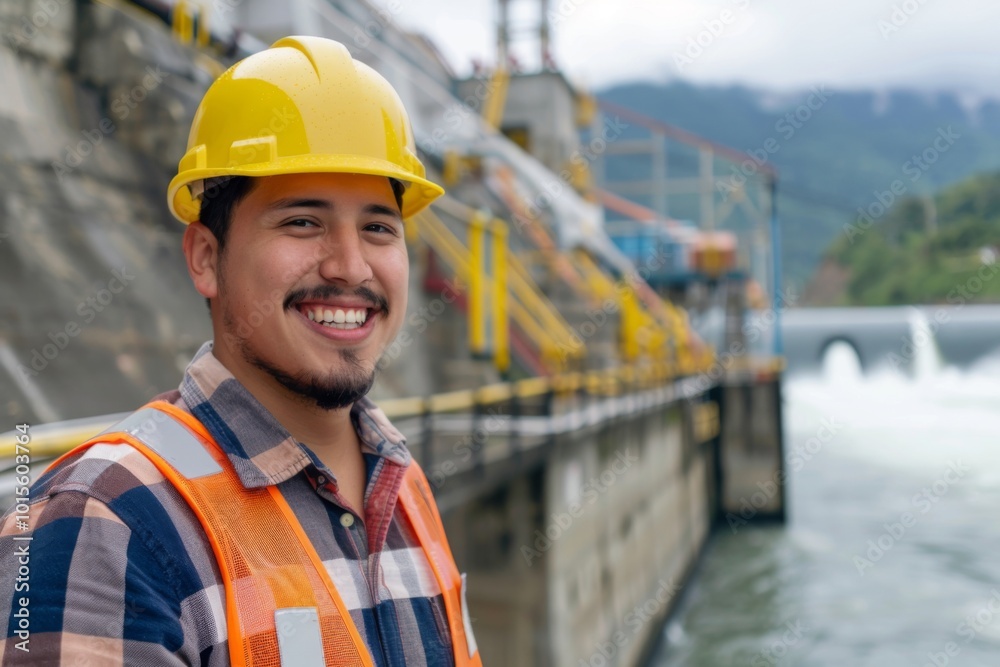 Portrait of a smiling young Hispanic male engineer at hydroelectric plant