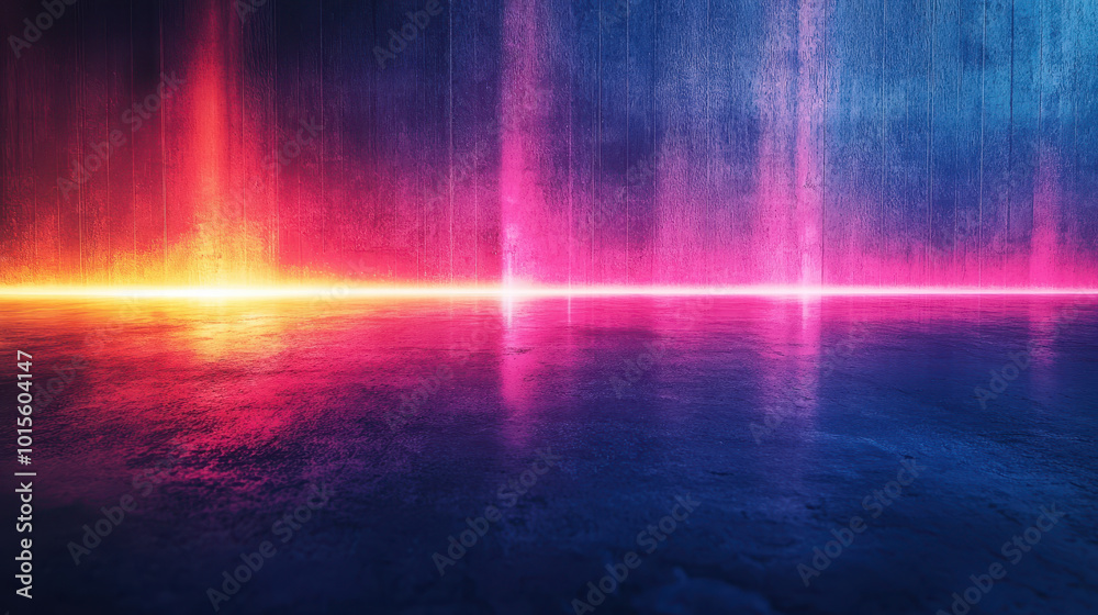 Obraz premium Vibrant light leaks create abstract background with dark, reflective surface. interplay of colors evokes sense of energy and depth, perfect for creative projects