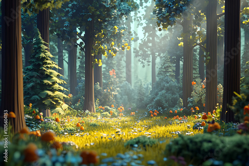 A serene forest scene with sunlight filtering through trees and vibrant flowers.