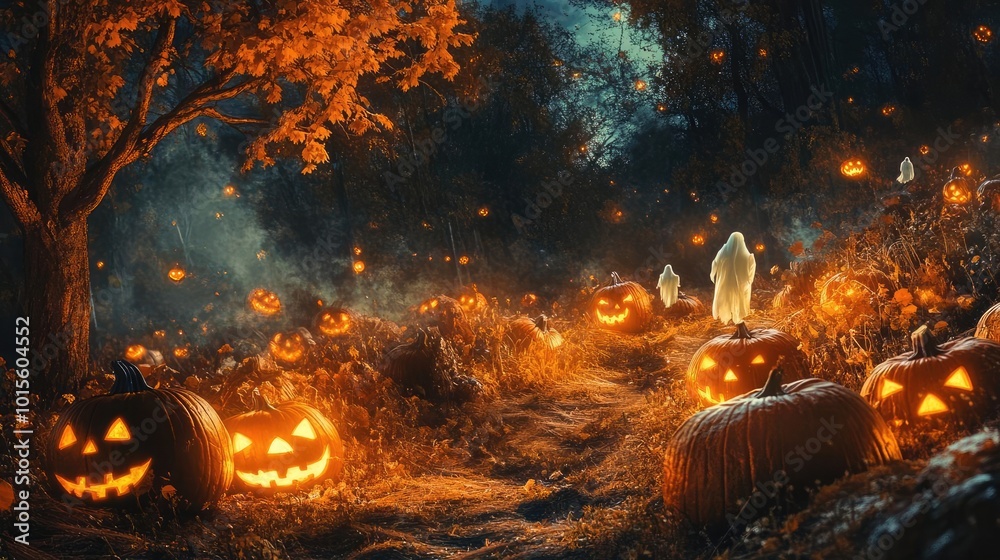 A mystical Halloween scene featuring glowing pumpkins, eerie fog, and a ghostly figure surrounded by autumn foliage. A mystical Halloween scene featuring glowing pumpkins, eerie fog, and a ghostly figure surrounded by autumn foliage.
