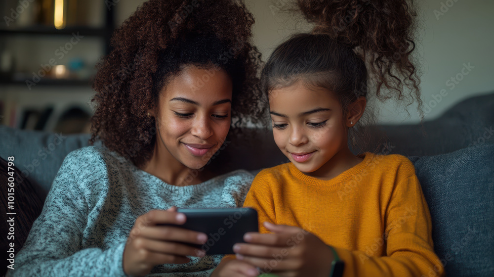 Fototapeta premium mother and daughter share joyful moment while enjoying their smartphone together on cozy couch. Their smiles reflect happiness and connection in natural setting
