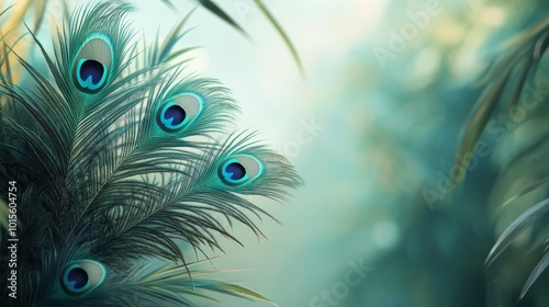 A close-up of peacock feathers with vibrant blue eyespots and a soft green and blue background.