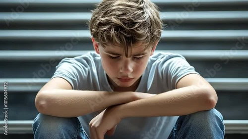 A young teenage child is sitting on steps, his head drooping and dejected.