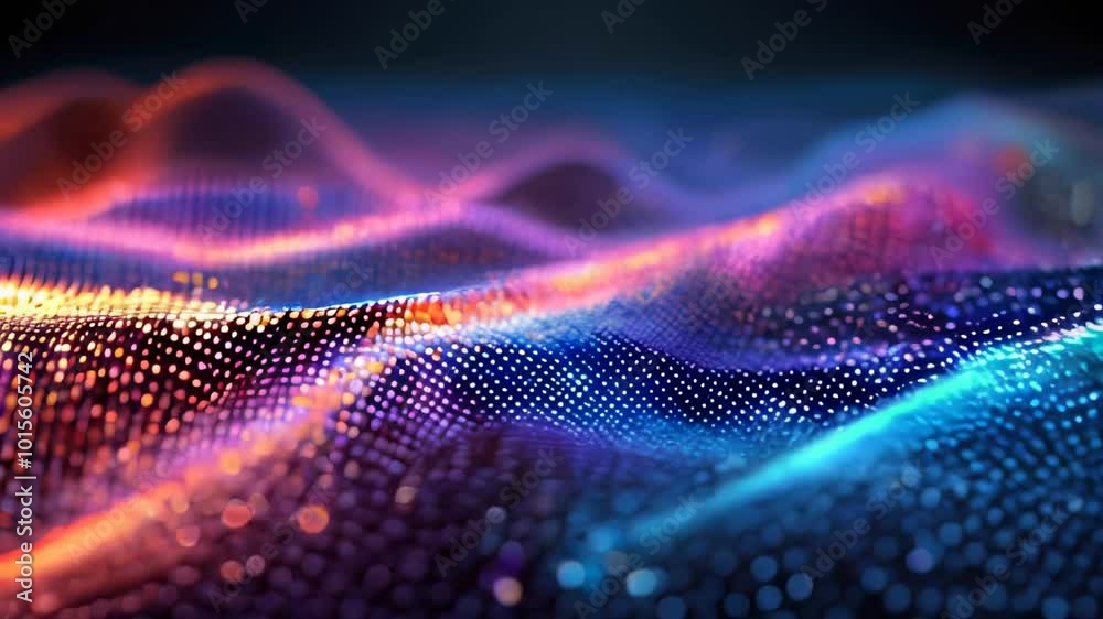 A vibrant digital wave pattern with colorful dots creating a dynamic and futuristic abstract visual.