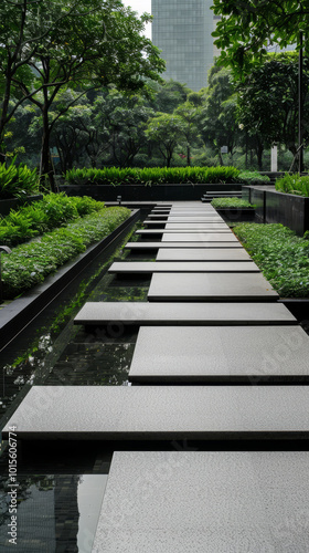 In an urban setting, an eco-friendly green walkway enhances water quality and creates cooler environments for pedestrians. Innovative design. Sustainability and urban wellness in city life.