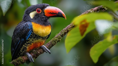 A colorful toucan with a large beak perches on a branch in a rainforest.