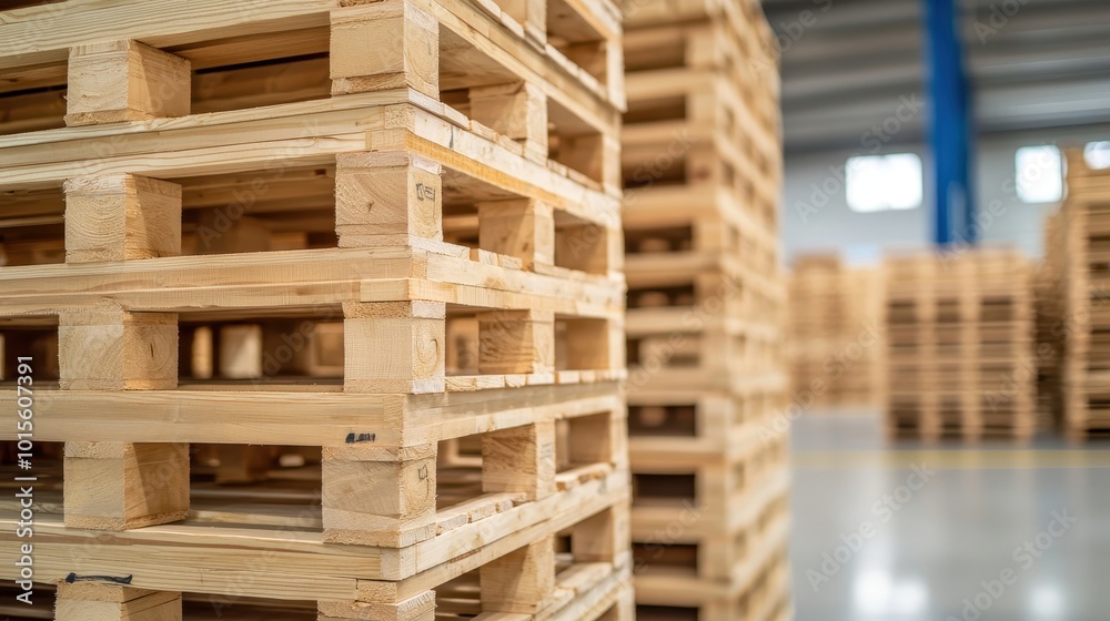 Eco-friendly Innovation Towers High. Stack of Sustainable Wooden Pallets Dominates Warehouse in Green Manufacturing Facility, Showcasing Commitment to Environmental Logistics. Sustainable Supply Chain Eco-friendly Innovation Towers High. Stack of Sustainable Wooden Pallets Dominates Warehouse in Green Manufacturing Facility, Showcasing Commitment to Environmental Logistics. Sustainable Supply Chain