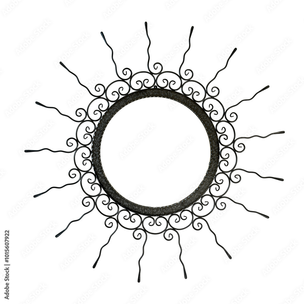 An intricate metal sunburst featuring swirling, ornamental wire rays and a circular, hollow center. The handcrafted design exudes a vintage, artisanal charm, perfect for decorative use.
