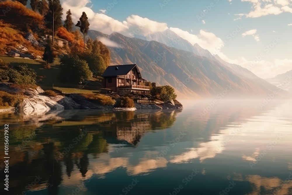 Fototapeta premium Scenic Mountain Lake House Surrounded by Serene Nature and Reflections