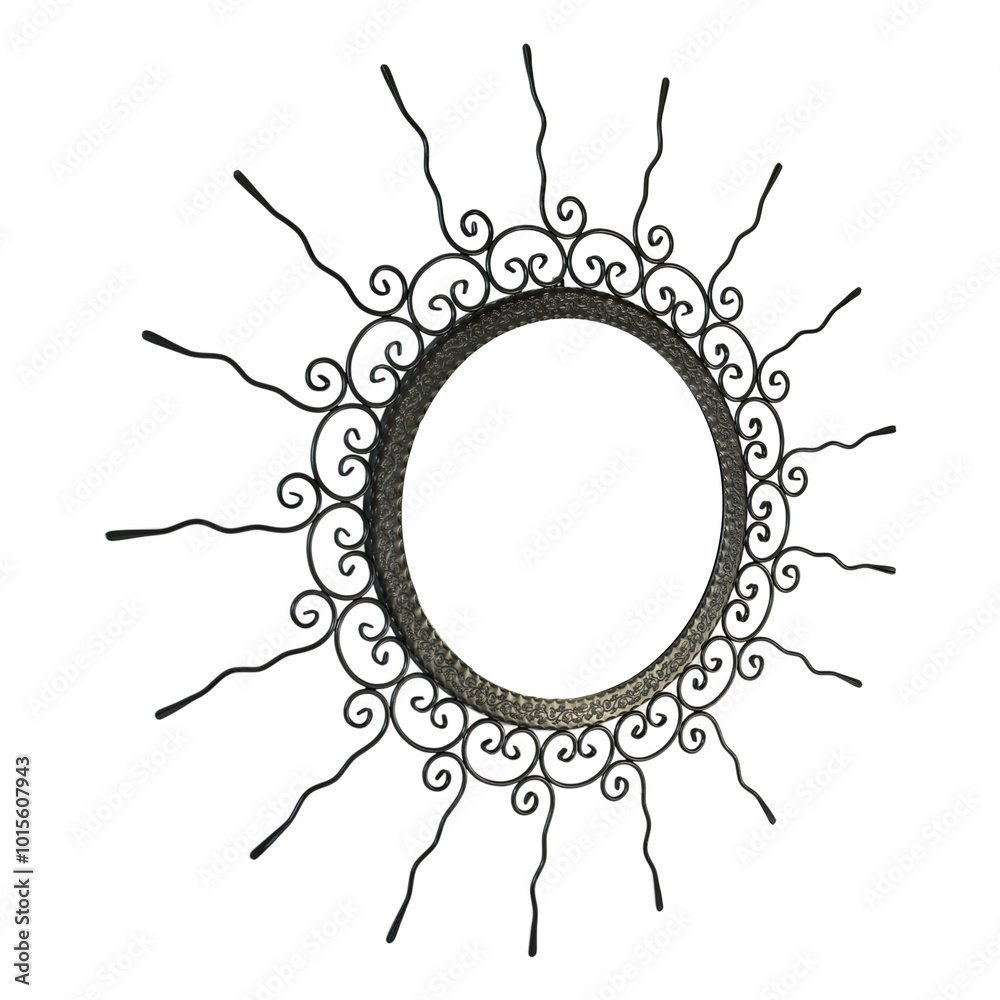 An intricate metal sunburst featuring swirling, ornamental wire rays and a circular, hollow center. The handcrafted design exudes a vintage, artisanal charm, perfect for decorative use.