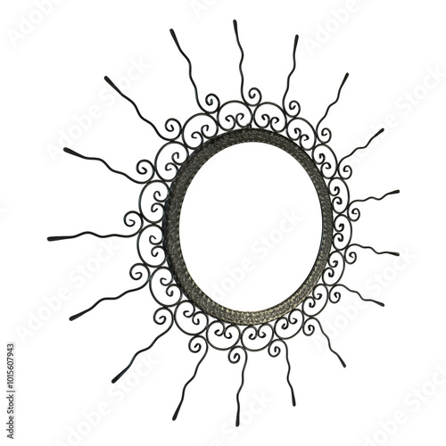 Obraz na płótnie An intricate metal sunburst featuring swirling, ornamental wire rays and a circular, hollow center. The handcrafted design exudes a vintage, artisanal charm, perfect for decorative use. w salonie