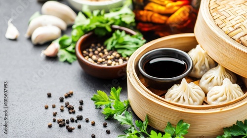 Dumplings in a bamboo basket surrounded by fresh herbs and soy sauce