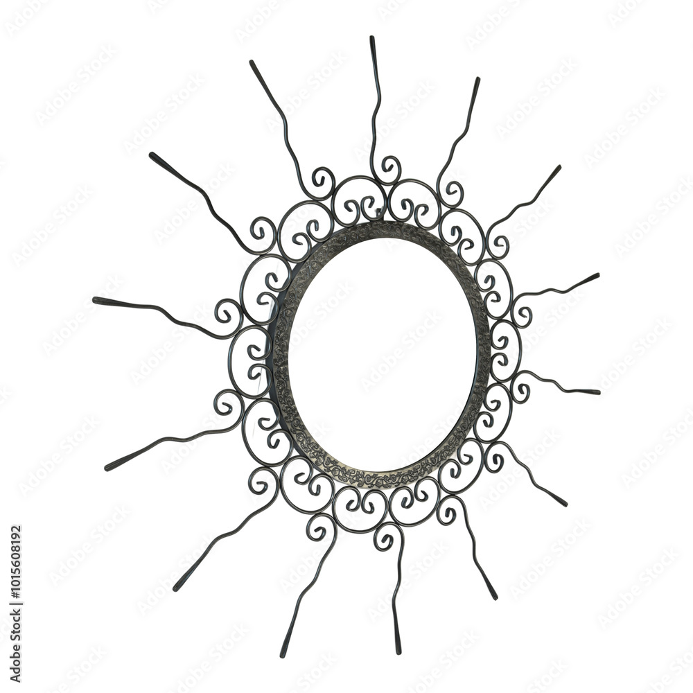 An intricate metal sunburst featuring swirling, ornamental wire rays and a circular, hollow center. The handcrafted design exudes a vintage, artisanal charm, perfect for decorative use.