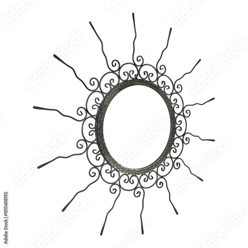 Obraz na płótnie An intricate metal sunburst featuring swirling, ornamental wire rays and a circular, hollow center. The handcrafted design exudes a vintage, artisanal charm, perfect for decorative use. w salonie