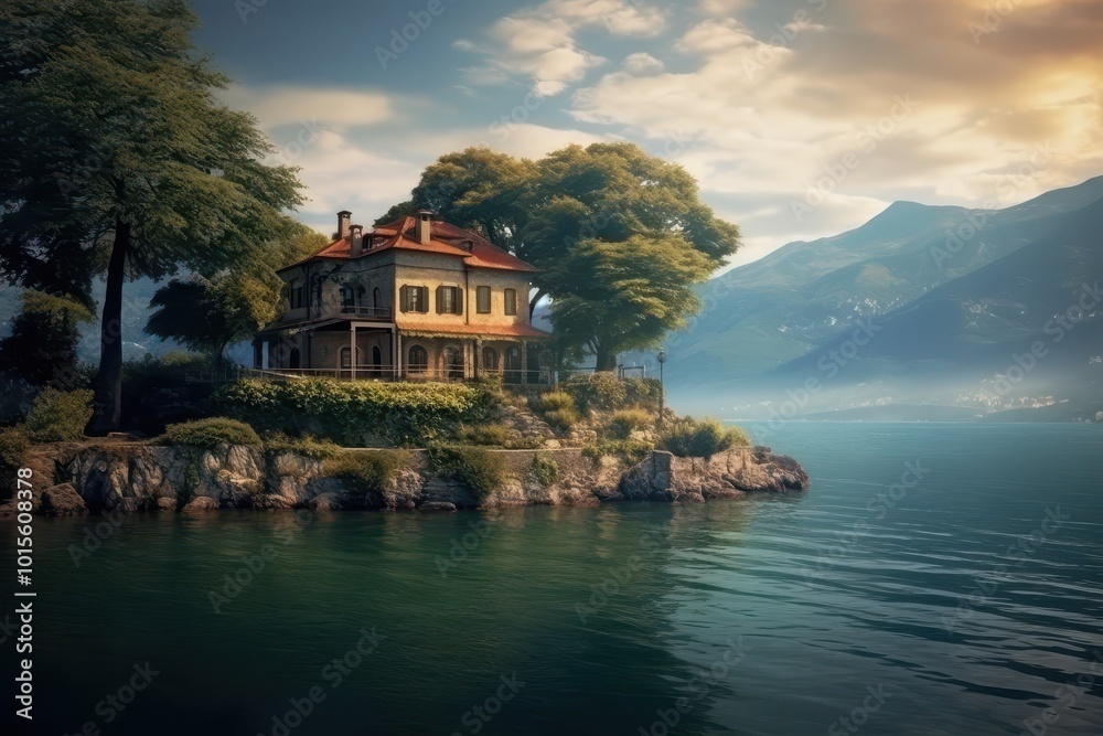 Fototapeta premium Scenic Mountain Lake House Surrounded by Serene Nature and Reflections