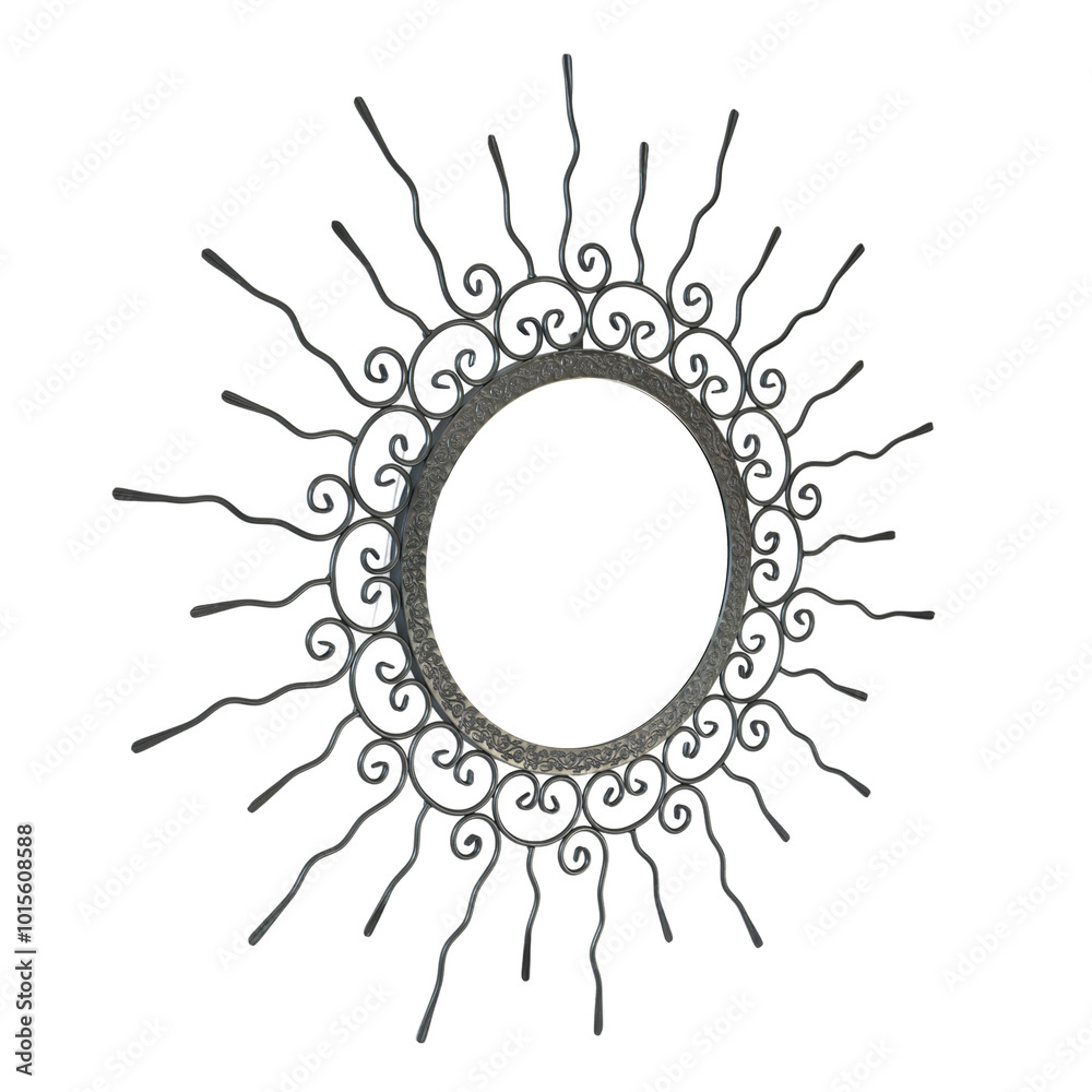An intricate metal sunburst featuring swirling, ornamental wire rays and a circular, hollow center. The handcrafted design exudes a vintage, artisanal charm, perfect for decorative use.
