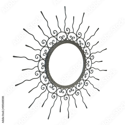 Obraz na płótnie An intricate metal sunburst featuring swirling, ornamental wire rays and a circular, hollow center. The handcrafted design exudes a vintage, artisanal charm, perfect for decorative use. w salonie