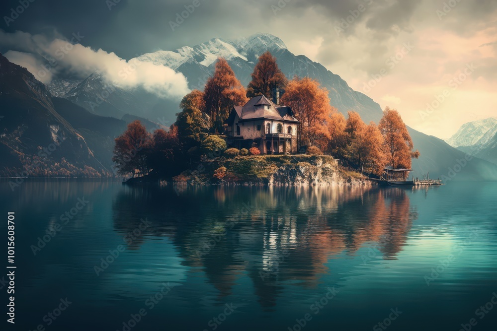 Scenic Mountain Lake House Surrounded by Serene Nature and Reflections Scenic Mountain Lake House Surrounded by Serene Nature and Reflections
