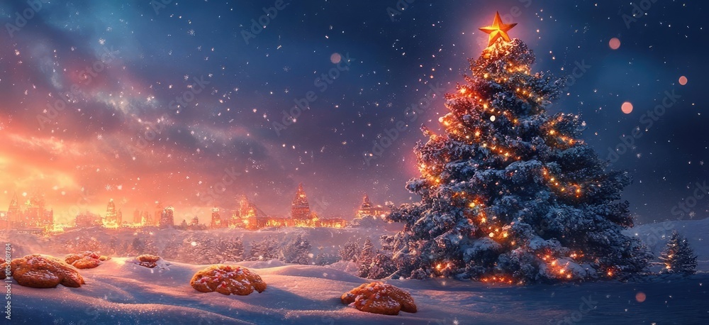 A magical Christmas scene featuring Santa on a sleigh with a beautifully decorated tree under a starry night sky. A magical Christmas scene featuring Santa on a sleigh with a beautifully decorated tree under a starry night sky.