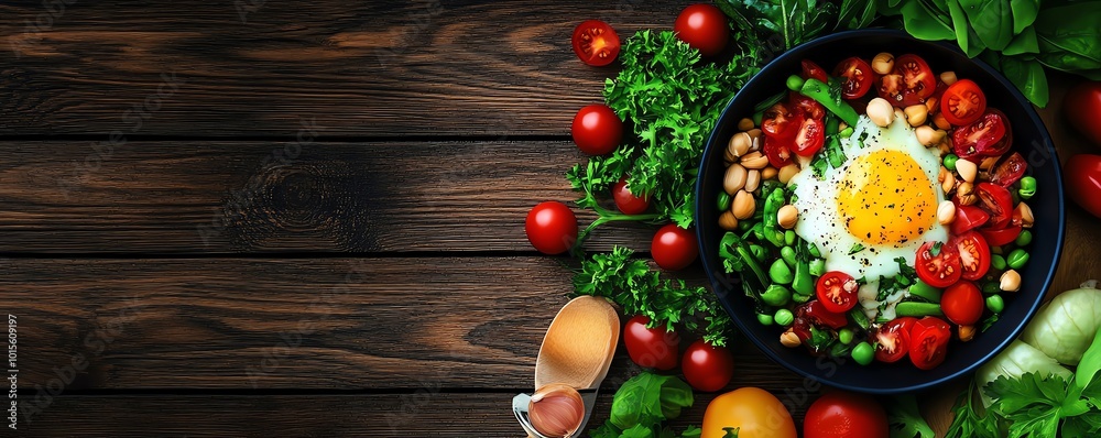 Top view of a vibrant and colorful vegetable salad with a fried egg in a pan on a wooden table background, surrounded by fresh ingredients. Top view of a vibrant and colorful vegetable salad with a fried egg in a pan on a wooden table background, surrounded by fresh ingredients.