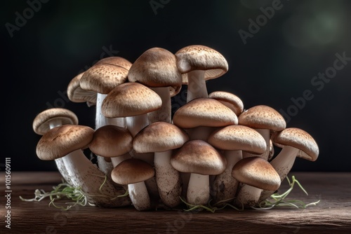 Fresh Cluster of Mushrooms on Wooden Table in a Dark Ambient Setting photo