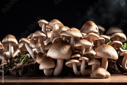 Fresh Cluster of Mushrooms on Wooden Table in a Dark Ambient Setting photo