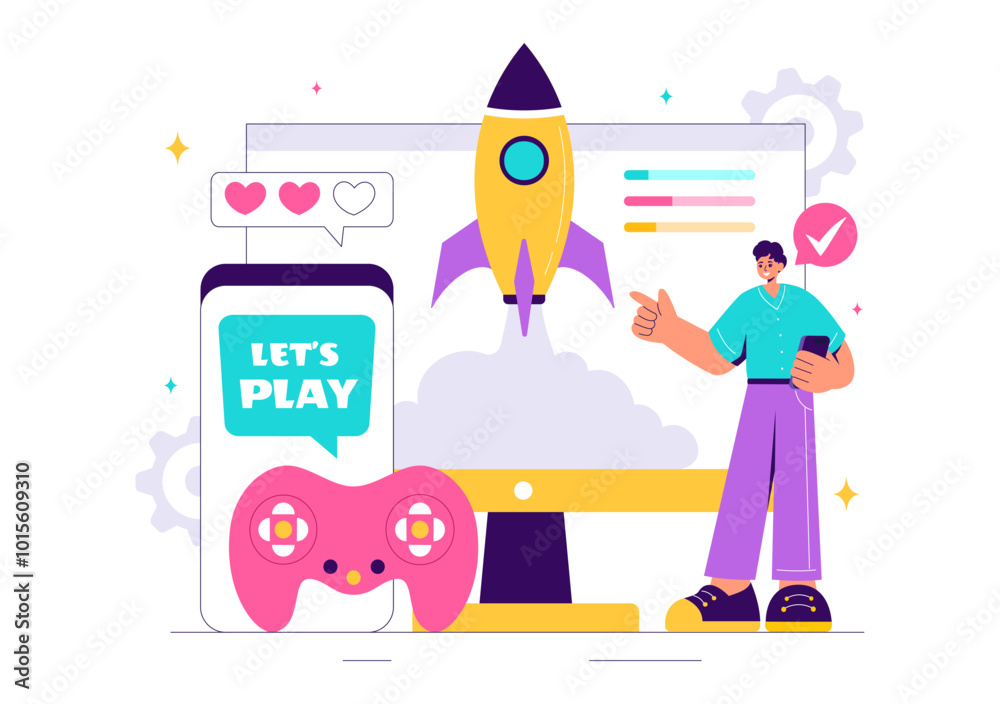 Fototapeta premium Video Games Vector Illustration with Programmers Playing Gamepad Controllers in Console Fights on Android, Mobile, and Computer in a Flat Background