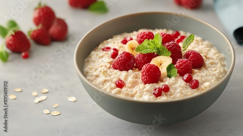 Organic oatmeal, in a bowl with fresh fruits, 3D illustration