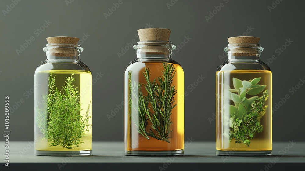 Organic herbinfused oils, bottles with herbs inside, 3D illustration