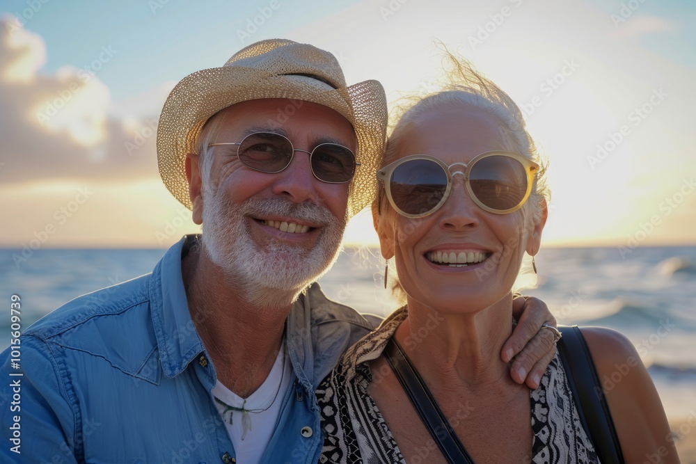Happy senior couple on the beach at sunset. Retirement lifestyle concept. Happy senior couple on the beach at sunset. Retirement lifestyle concept.