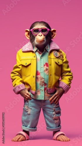 Retro Fashionable Monkey in 90s Vintage Clothing photo