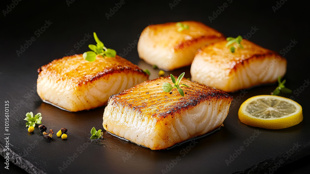 Artistic still life of Chilean sea bass fillets garnished with herbs and lemon slices, showcasing delicious and appetizing presentation