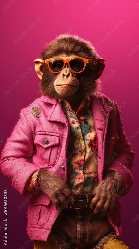 Naklejka premium Retro Fashionable Monkey in 90s Vintage Clothing