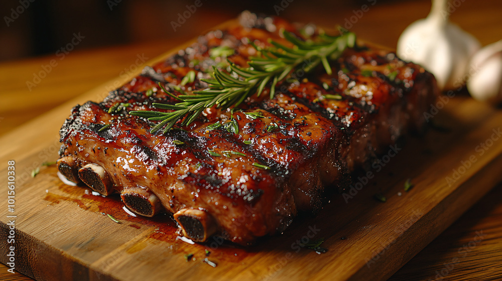 delicious grilled pork ribs with rosemary on a wooden cutting board delicious grilled pork ribs with rosemary on a wooden cutting board