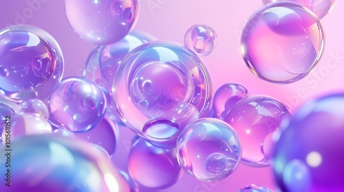 Vibrant translucent bubbles float gracefully in a soft pastel setting, creating an airy and whimsical atmosphere. The glowing spheres reflect gentle light, enhancing the dreamy and colorful