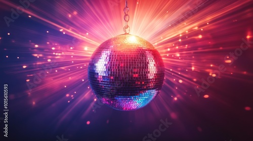 A disco ball hangs from the ceiling with a burst of colorful light around it.