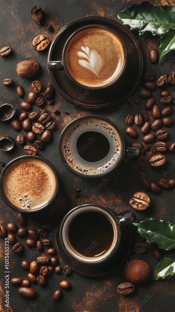 Create a cozy background with a top view of real coffee, featuring freshly brewed cups, aromatic beans, and rich textures in high definition, ensuring a noise-free and inviting visual experience Create a cozy background with a top view of real coffee, featuring freshly brewed cups, aromatic beans, and rich textures in high definition, ensuring a noise-free and inviting visual experience