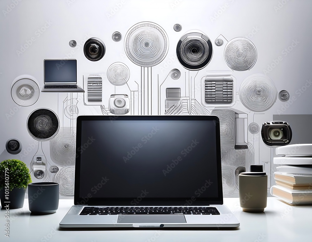 Computer icons and copy space with laptop on white background Computer icons and copy space with laptop on white background
