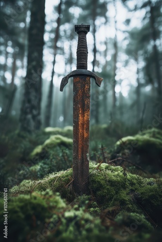 Rusty Medieval Sword Abandoned in a Mossy Forest Setting photo