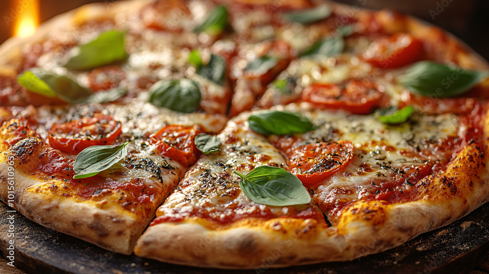 closeup of delicious homemade pizza with tomato and basil on wooden board closeup of delicious homemade pizza with tomato and basil on wooden board