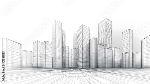 black and white wireframe sketch of a modern cityscape with tall buildings showcasing the architectural design in a simple yet detailed manner